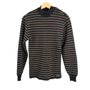 Saint James Sweater Mens Medium Black Brown Striped Wool Button Shoulder Fitted